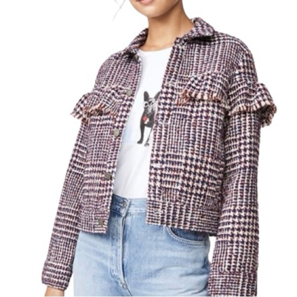 Jack By BB Dakota Black Red Plaid Raw Edge Ruffle Crop Jacket Blazer Size L